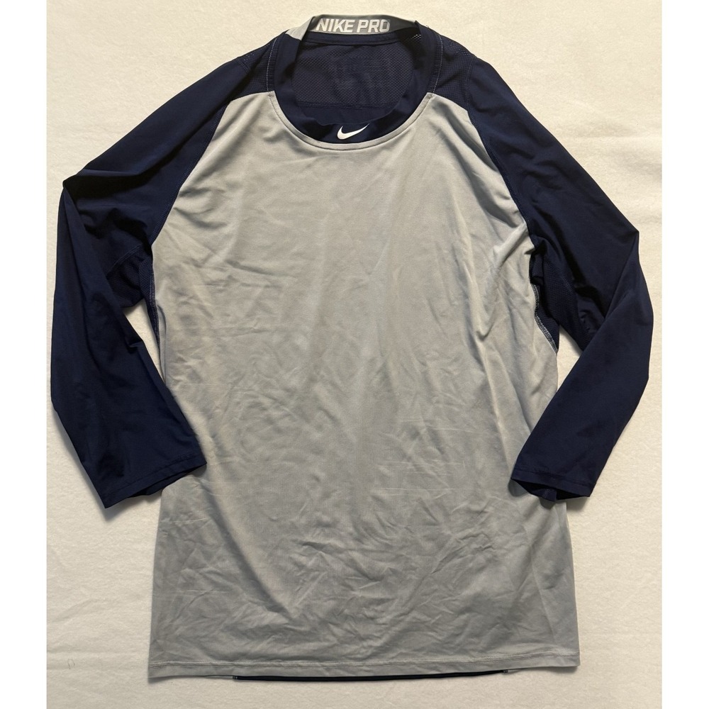 Nike Pro Men's Medium Pullover 3/4 Sleeve Athletic Dri Fit T-Shirt Gray Blue